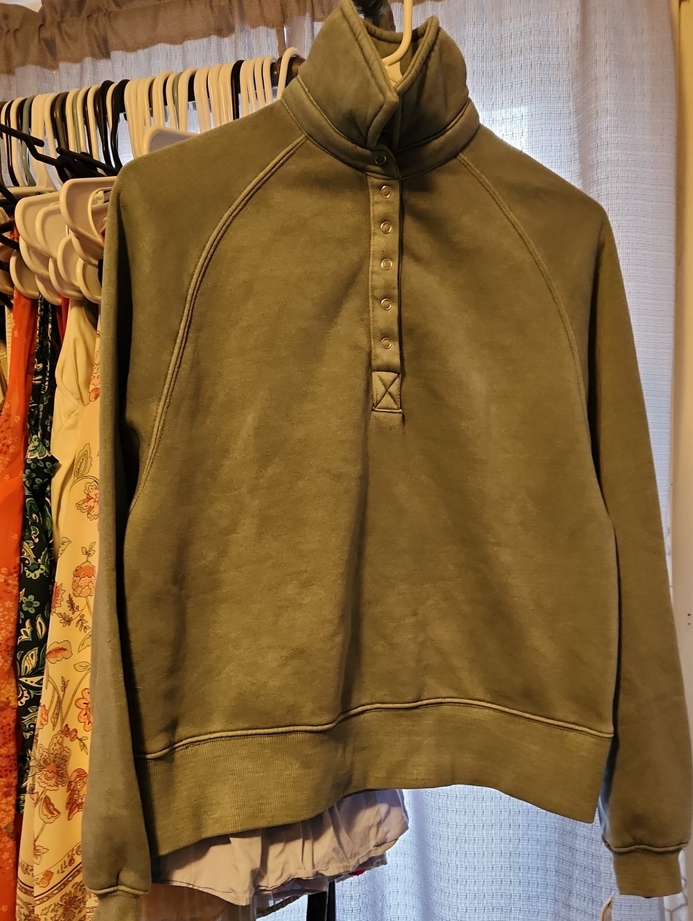 Ultra Flirt Olive Snap-Placket Pullover Sweatshirt